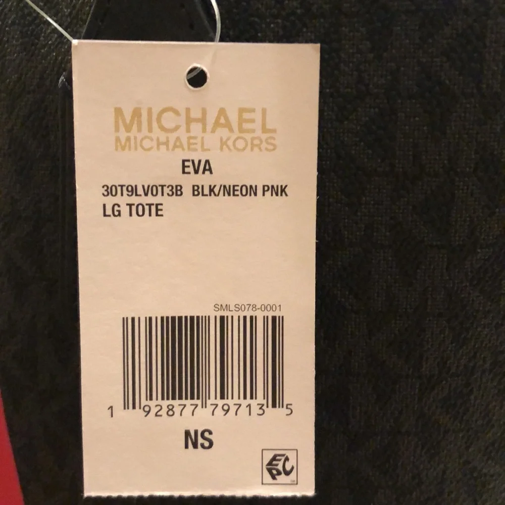 NWT Michael Kors LG. Black Coated Canvas  Eva Tote Bag with Pink/White Stripes - Picture 6 of 8